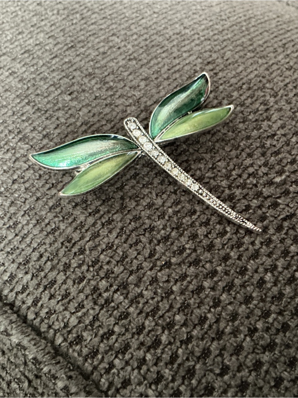 Vintage Green Enamel Dragonfly Brooch with Clear Rhinestones